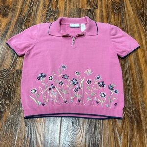 Alfred Dunner Women's Pink Floral Embroidered Quarter Zip Knit Sweater Petite XL